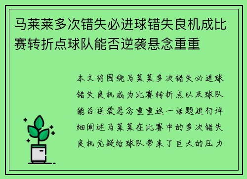 马莱莱多次错失必进球错失良机成比赛转折点球队能否逆袭悬念重重 马莱莱多次错失必进球错失良机成比赛转折点球队能否逆袭悬念重重